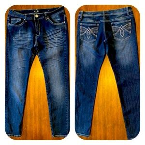 VIP Navy Blue Jeans, slightly white washed/ripped